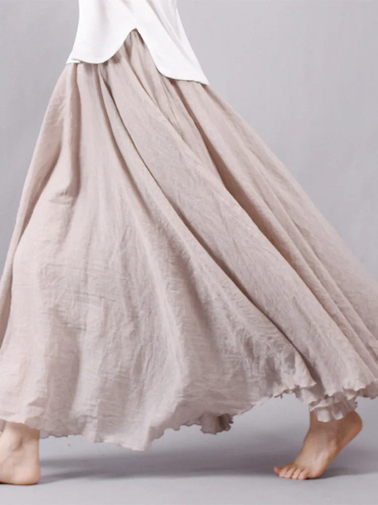 Women's Elegant High Waist Linen Maxi Skirt 2024 Summer Ladies Casual Elastic Waist 2 Layers Skirts saia feminina