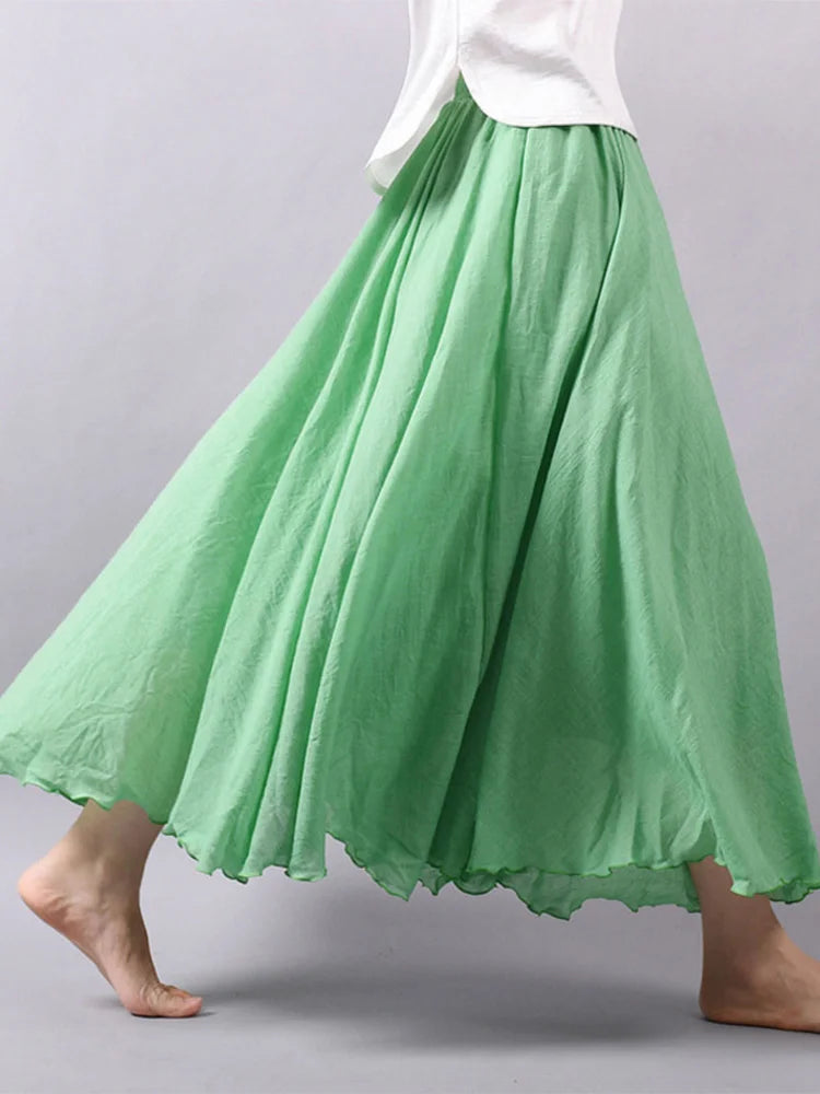 Women's Elegant High Waist Linen Maxi Skirt 2024 Summer Ladies Casual Elastic Waist 2 Layers Skirts saia feminina